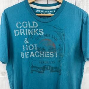 American Eagle Blue Cold Drinks and Hot Beaches Graphic Tee Shirt Mens Medium